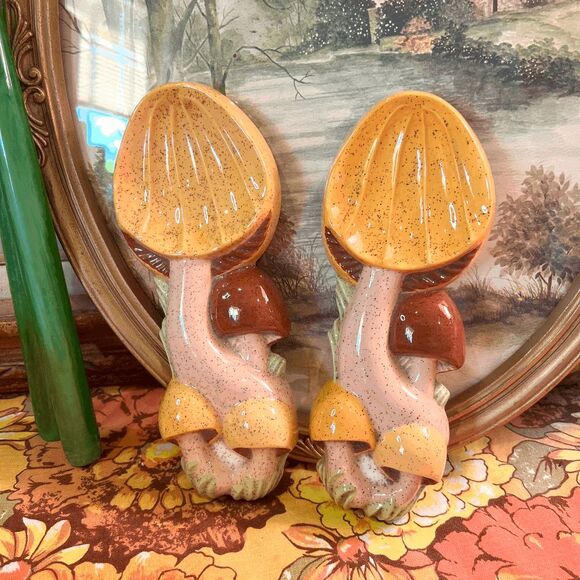 Vintage 1974 Arnel's Pottery Ceramic Mushroom Spoonrest Wall Art - Set of 2 - Picture 1 of 3